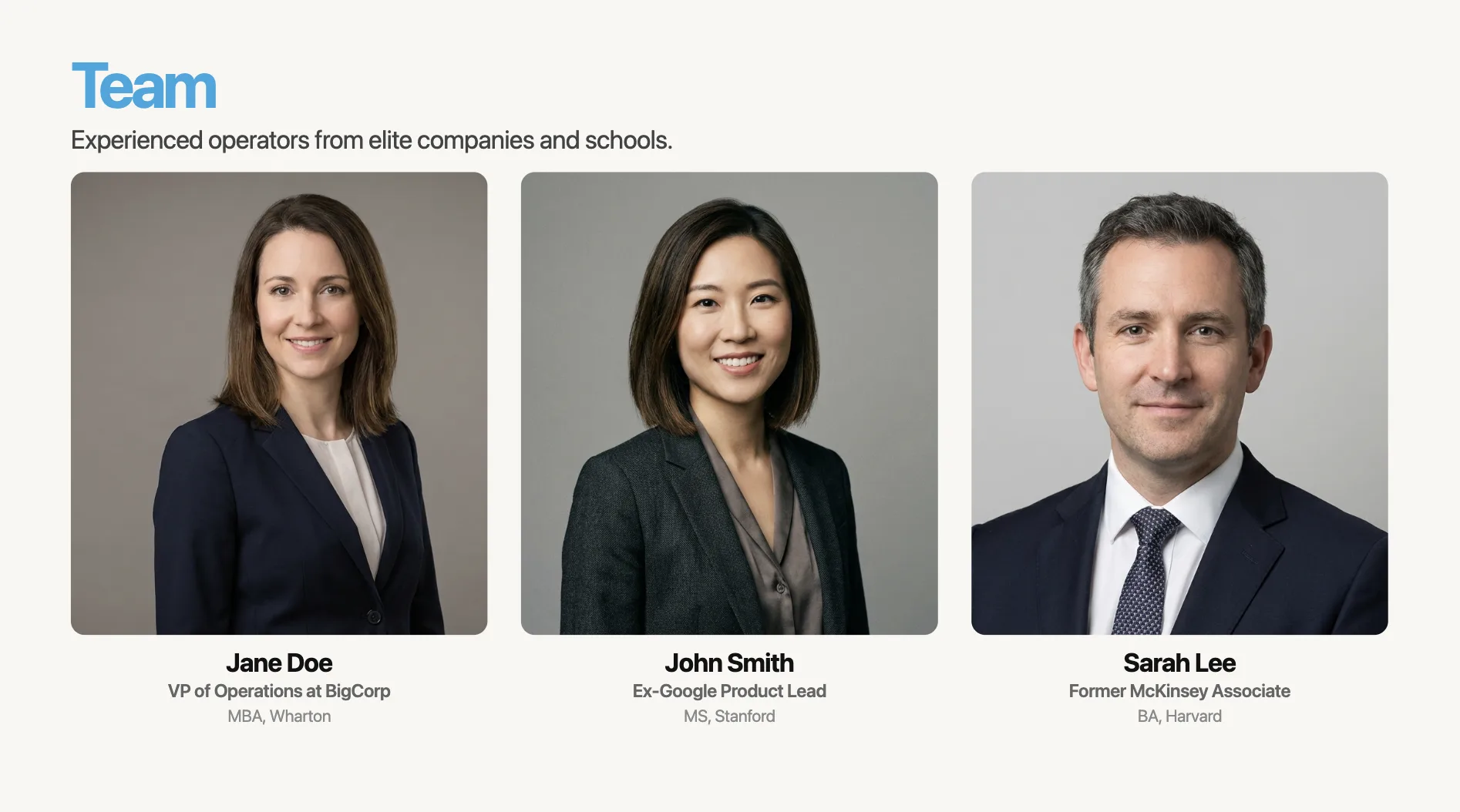 Bad team slide — headshots with titles and schools