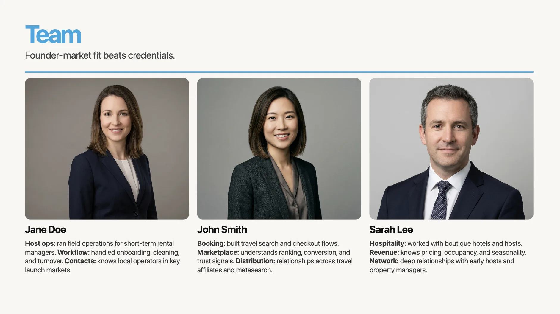 Good team slide — founder-market fit with relevant experience